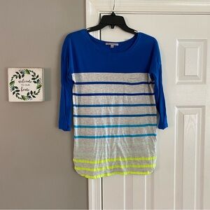 Gap Colorblock Striped 3/4 Sleeve Shirt Cobalt Blue Gray Yellow XS Pocket Tee